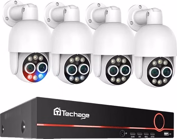 Sistema di telecamere PTZ POE, doppia lente con risoluzione 4MP, riconoscimento intelligente delle persone tramite IA, NVR 8CH e 4 telecamere, 1T