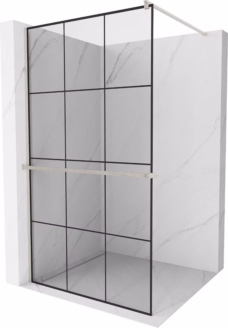 Mexen Kioto+ parete doccia con mensola Walk-in 100 x 200 cm, griglia nera, nichel spazzolato - 800-100-121-97-77