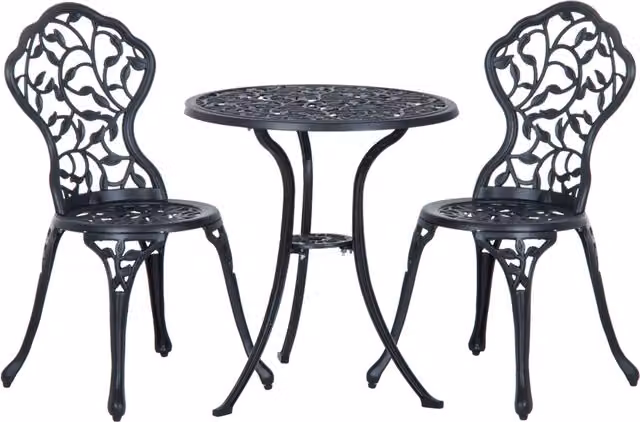 Set Bistrò Outsunny da 3 Pezzi con Tavolino Rotondo e 2 Sedie da Giardino in Alluminio Verniciato Nero Opaco
