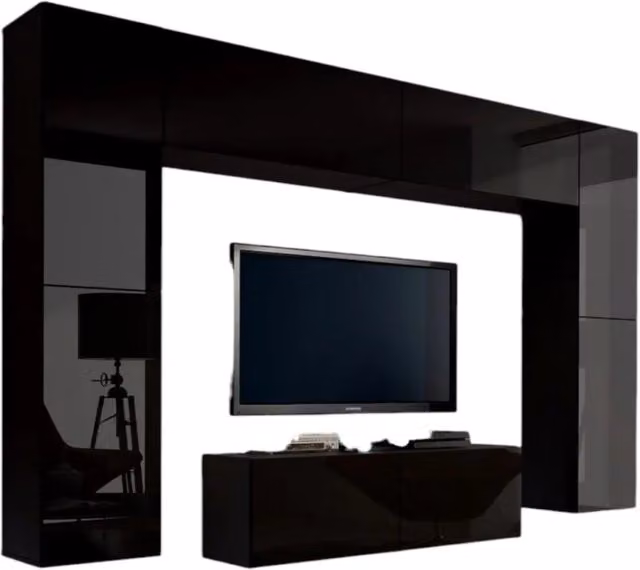 Set di mobili da soggiorno sospesi Meublorama collezione CEPTO III nero, modulabile con 8 porte, 8 scaffali e illuminazione LED integrata, L: 256 cm – 1