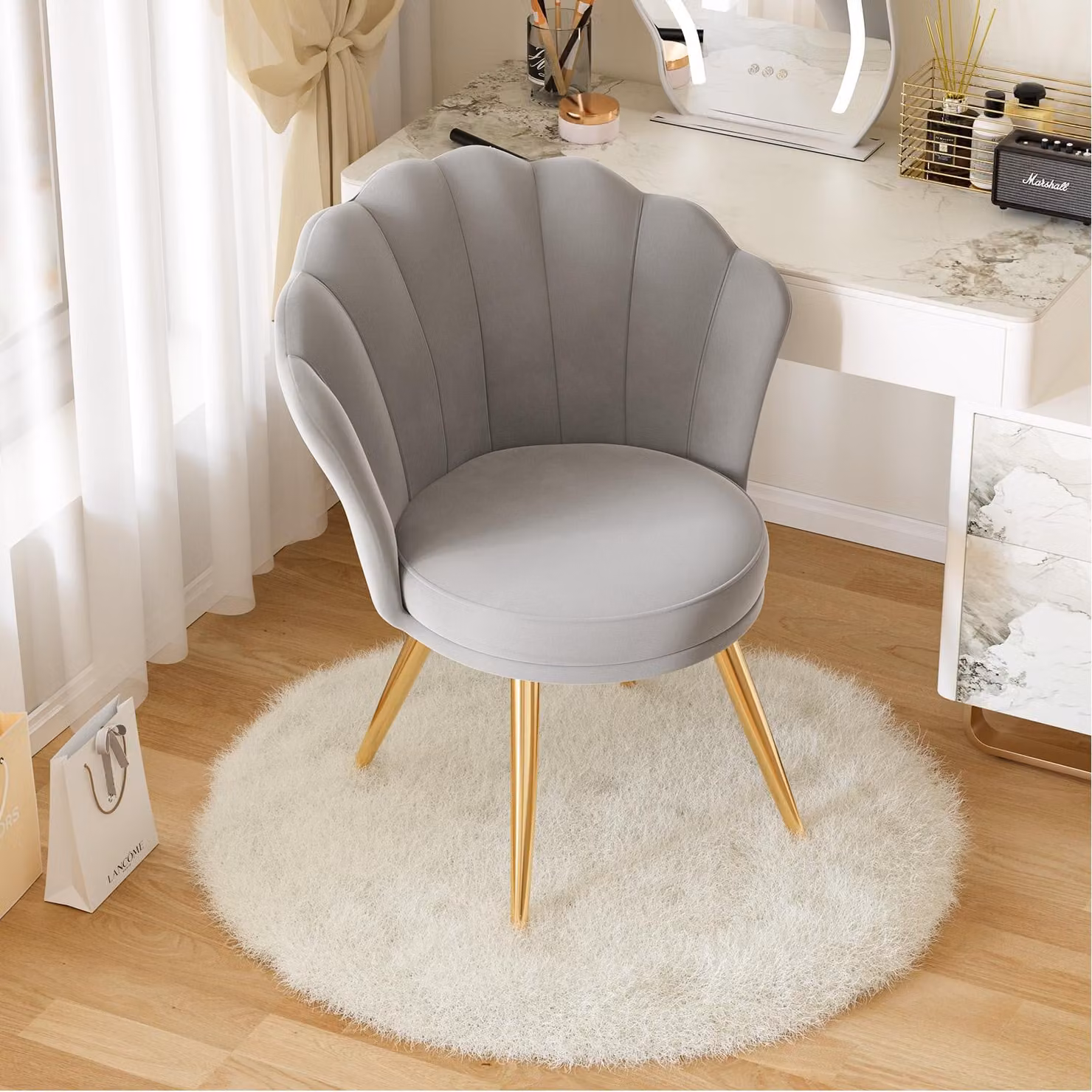 Hawthyhome Sedia da salotto in velluto Sedia da cucina Sedia imbottita con schienale Braccioli Gambe in metallo Grigio