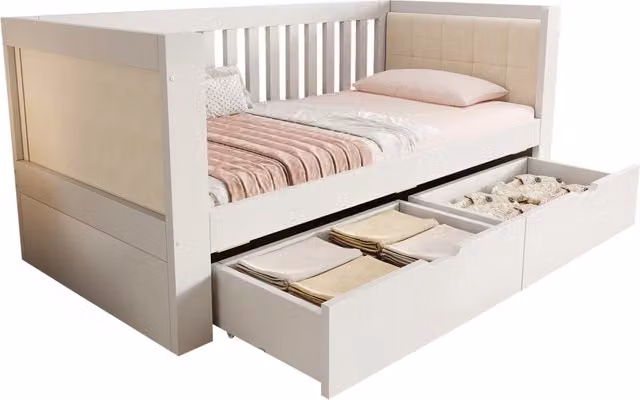 Letto singolo 90x200 cm con 2 cassetti in pino e compensato; bianco; schienale imbottito