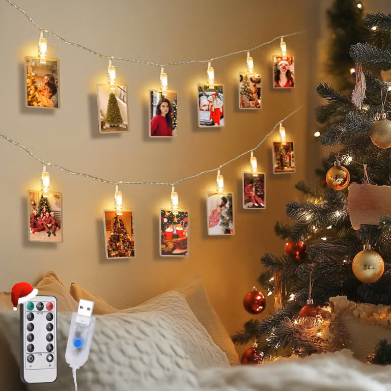 Catena luminosa a LED, 10 metri, con 80 LED bianco caldo e clip per foto