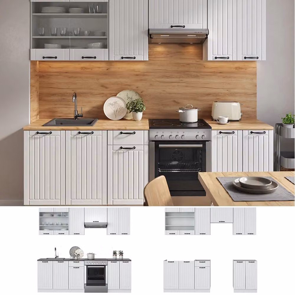 Cucina componibile Vicco Fame-Line Bianco rustico con piano effetto marmo, L: 240 cm – 2