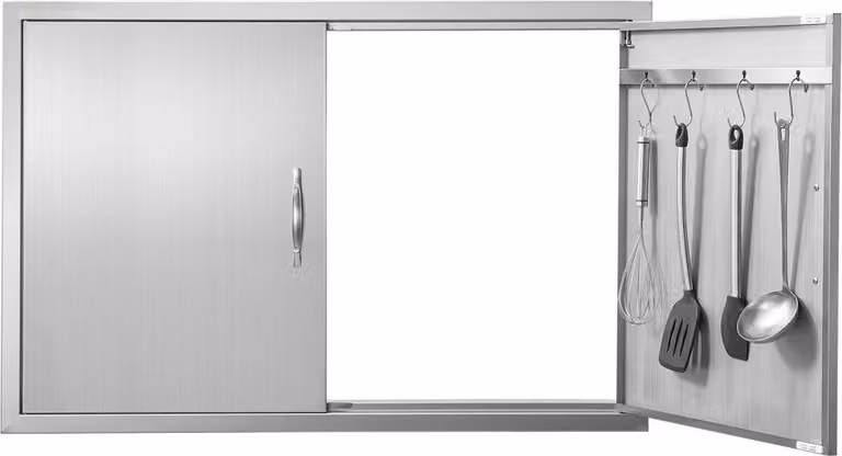 Porta per cucina esterna SM® - Porta di accesso al barbecue, 990 x 660 mm - Doppia porta in acciaio inox - Montaggio a filo muro - Porta verticale a parete con maniglie e ganci - Per isola barbecue, stazione barbecue, mobile esterno