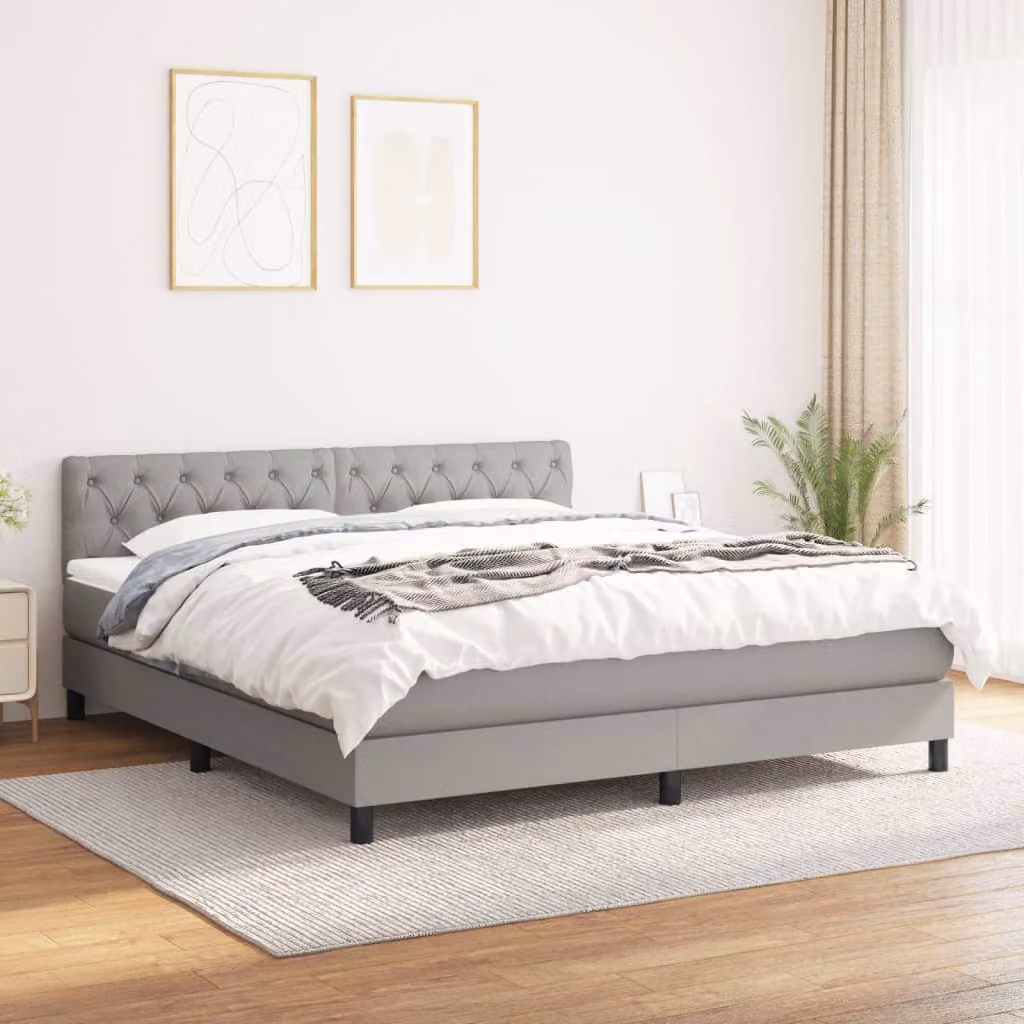 vidaXL Giroletto a Molle con Materasso Ibrido in Tessuto Grigio Chiaro e Bianco L/P/H: 160 x 200 cm – 1