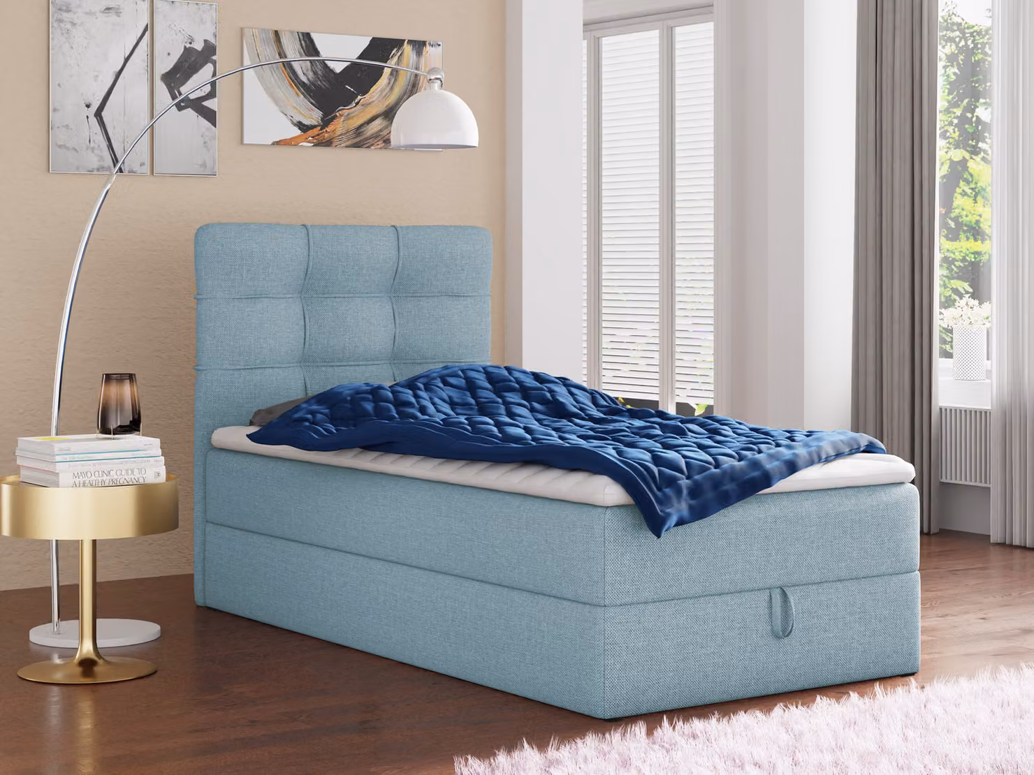 Letto boxspring Best Mini con contenitore e coprimaterasso - Letto singolo con materasso Bonell e coprimaterasso, letto imbottito, letto, camera da letto (blu (Vidar 83), 90 x 200 cm)