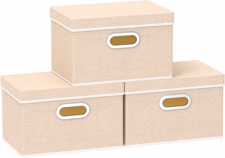 Contenitori pieghevoli con coperchio, dimensioni 32x23x20 cm, color beige, confezione da 3 pezzi, ideali per riporre abiti