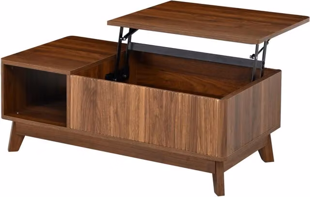 Tavolino da salotto con piano regolabile, effetto onde 3D, vano aperto laterale, MDF color noce, stile moderno