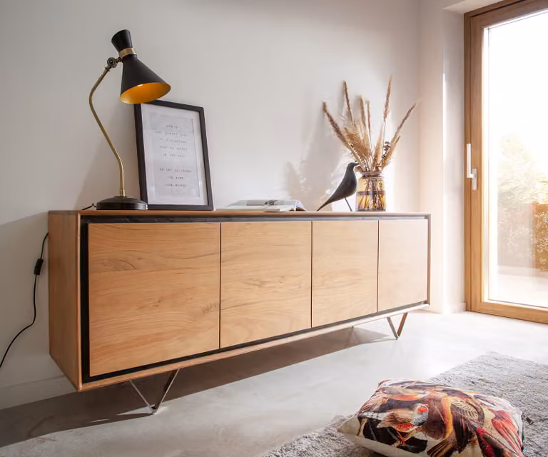 Mobile contenitore DELIFE modello Stonegrace, 200 cm, legno di acacia naturale, 4 ante, finitura effetto pietra, gambe a forma di "V"