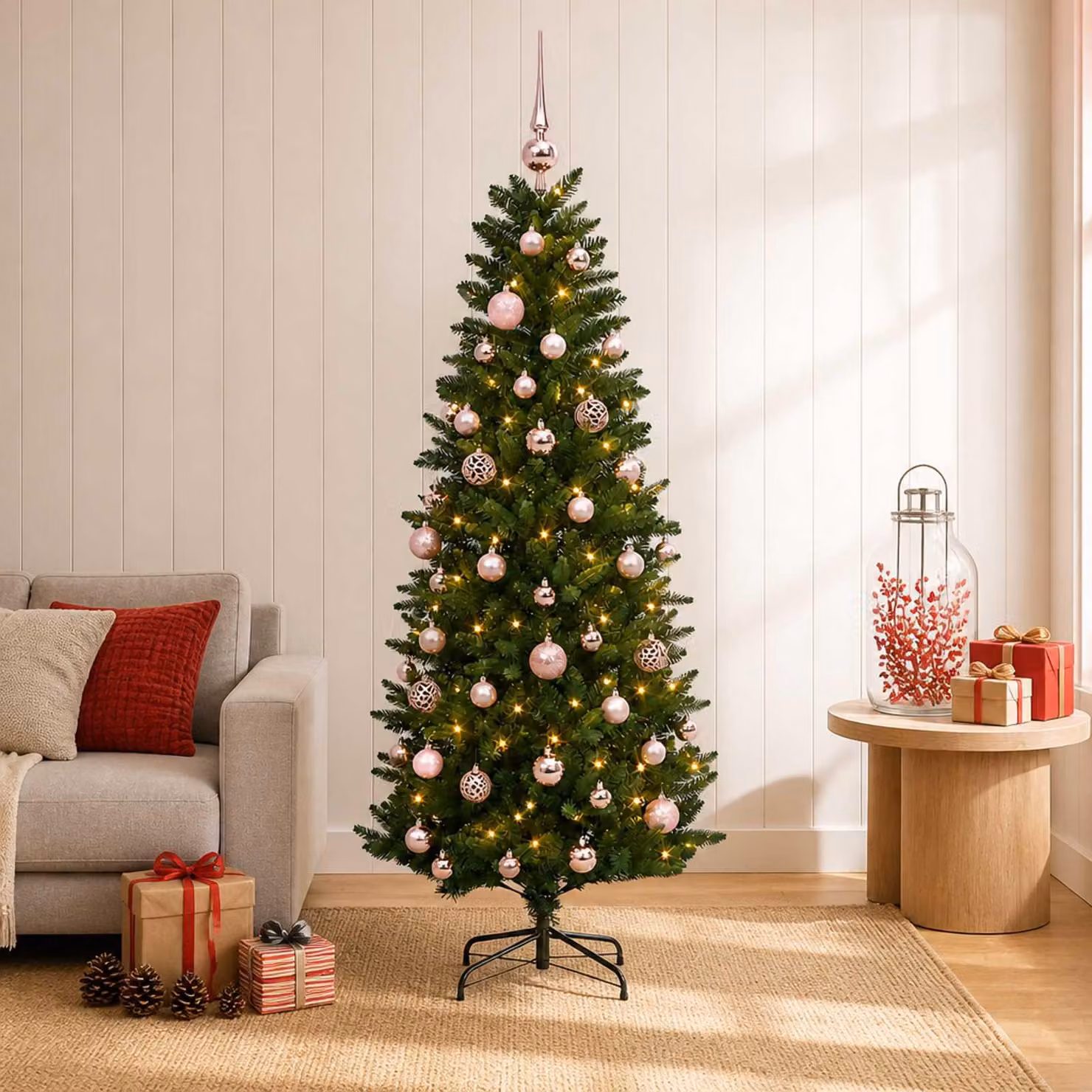 Albero di Natale artificiale con decorazioni a sfera, altezza 120 cm, 150 luci LED