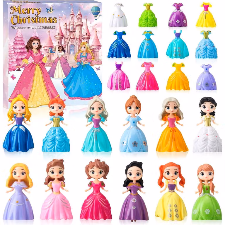 Calendario dell'Avvento a tema principessa per bambine, anno 2025, con 24 figure in cartoncino