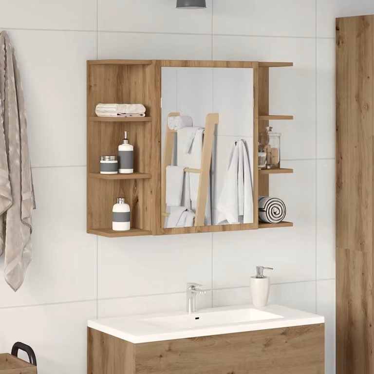 Mobile da bagno con specchio vidaXL in legno rovere marrone con ante a battente e ripiani interni