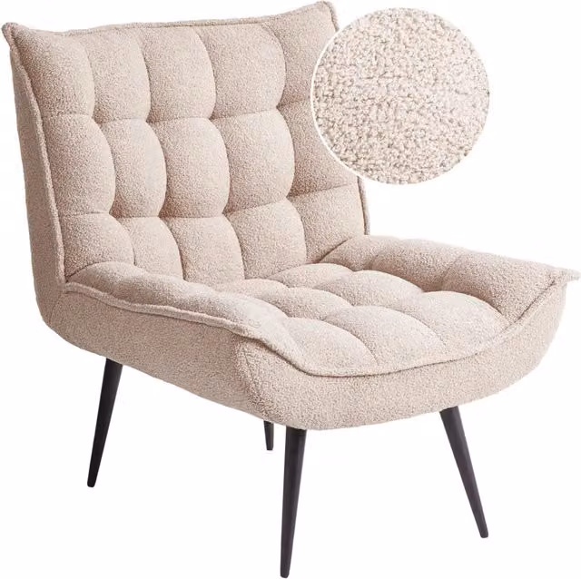 Poltrona beige in bouclé senza braccioli, sedia accentuante da relax, senza braccioli, gambe in ferro nero, per soggiorno o camera da letto, moderna.