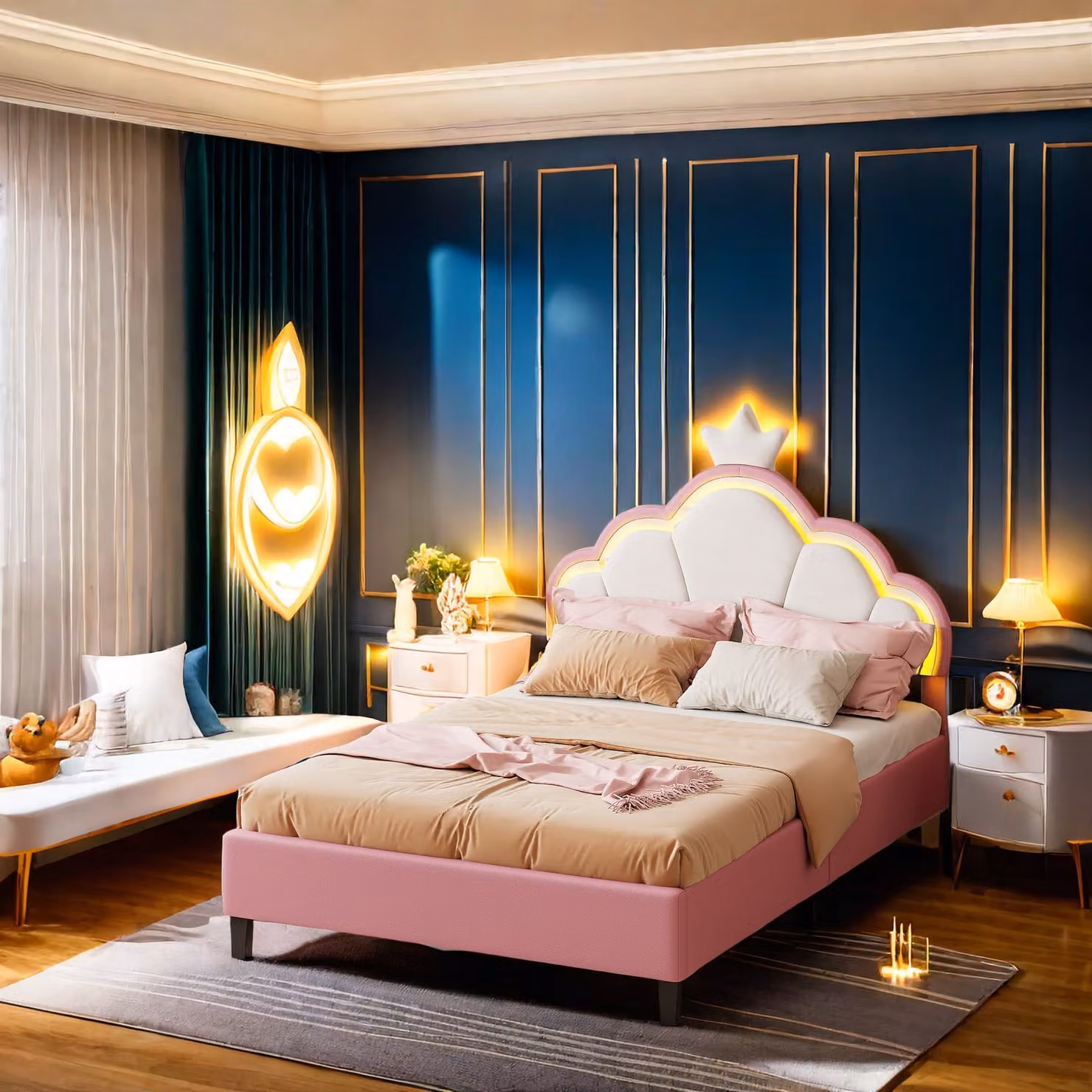 UnboxG letto per bambini imbottito 140×200 cm con rete a doghe, letto per bambini con testata a forma di , letto per ragazzi letto singolo con led, letto da principessa letto in legno, rosa