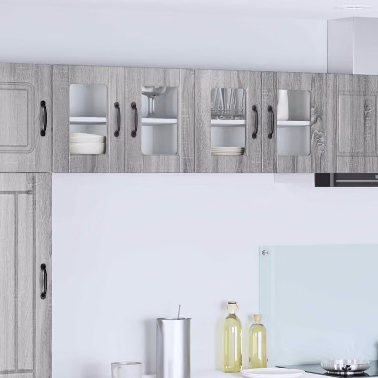 Set di 2 mobili da parete PORTO vidaXL in legno e vetro, Grigio Sonoma, con ante in vetro e ripiani interni, design moderno per cucina