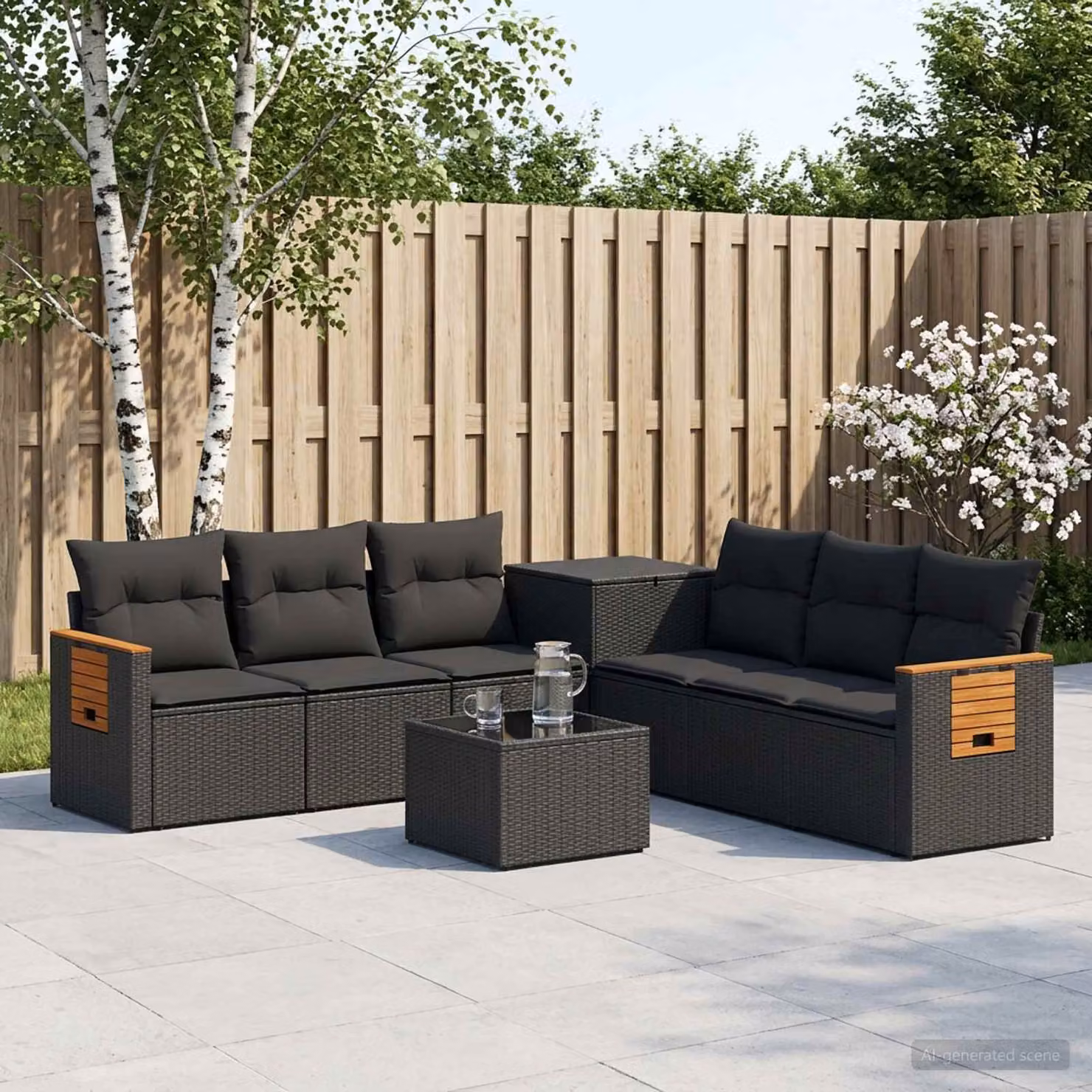 Set di divani da giardino vidaXL 8 pezzi a forma di L con tavolino, colore nero, in rattan sintetico e acciaio verniciato a polvere