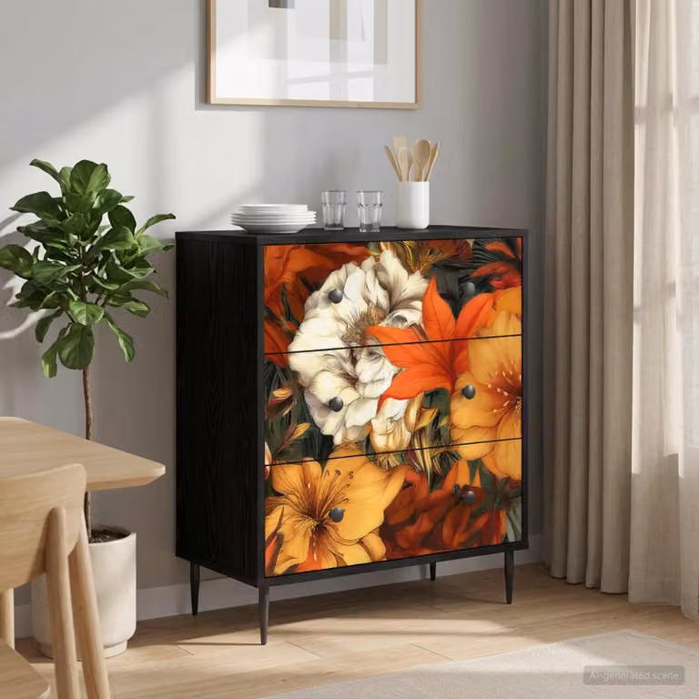 Cassettiera vidaXL GENNEP con stampa floreale, Rovere Nero, L: 66 cm, P: 36,5 cm, H: 76 cm