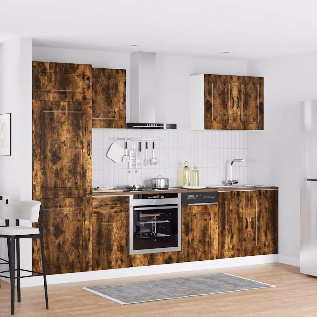 Set di mobili da cucina moderno vidaXL Kalmar composto da 7 pezzi in legno multistrato color rovere fumo marrone L/P/H: 207 x 60 x 57 cm