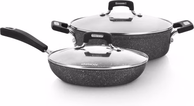 Set di pentole e padelle Kasanova New Petra Dark da 4 pezzi con rivestimento antiaderente, compatibile con induzione, colori nero e grigio