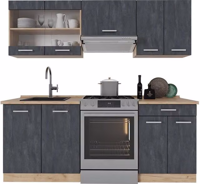 Mobile da cucina moderno Vicco R-Line Calce nera e Rovere dorato L 200 cm