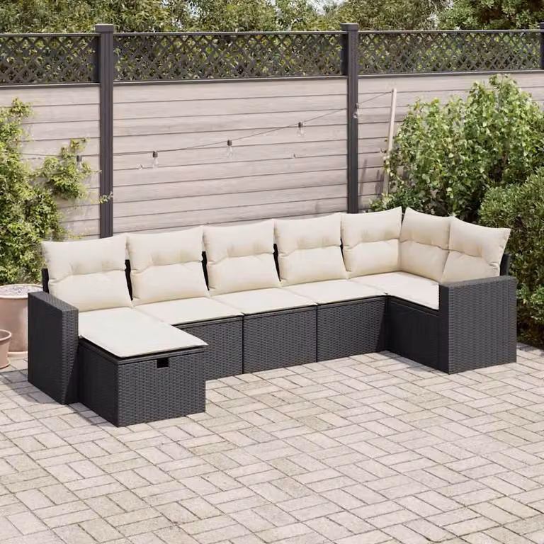 Set di divani da giardino vidaXL a forma di L in polyrattan nero con 7 pezzi e cuscini imbottiti