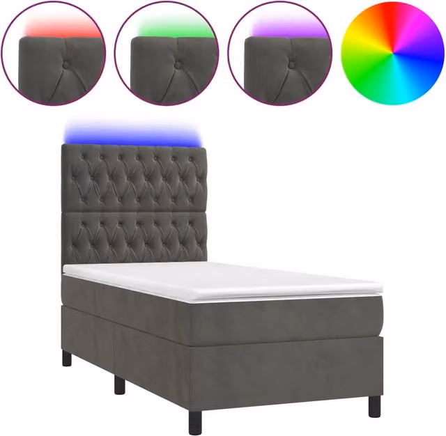 Letto singolo | Letto per adulti | Letto a Molle con Materasso e LED Grigio Scuro 90x190cm Velluto