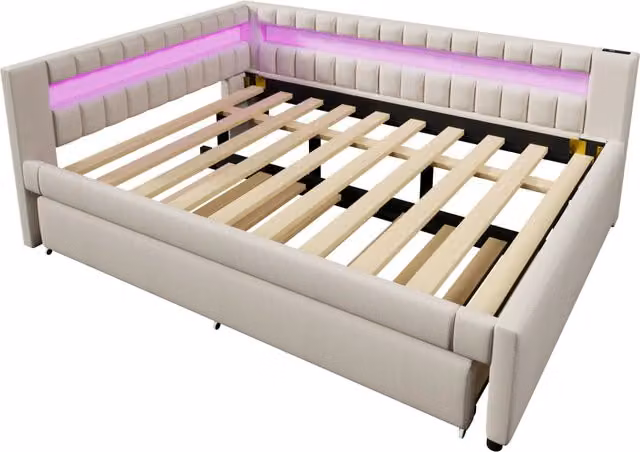 Daybed in lino beige 140x200cm con LED, letto estraibile senza materasso, USB + TYPE-C