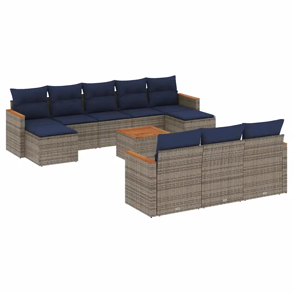 Set di Divani da Giardino a Forma di U vidaXL in Polyrattan con Cuscini Grigio e Blu e Tavolino da Esterno 11 Pezzi – 2