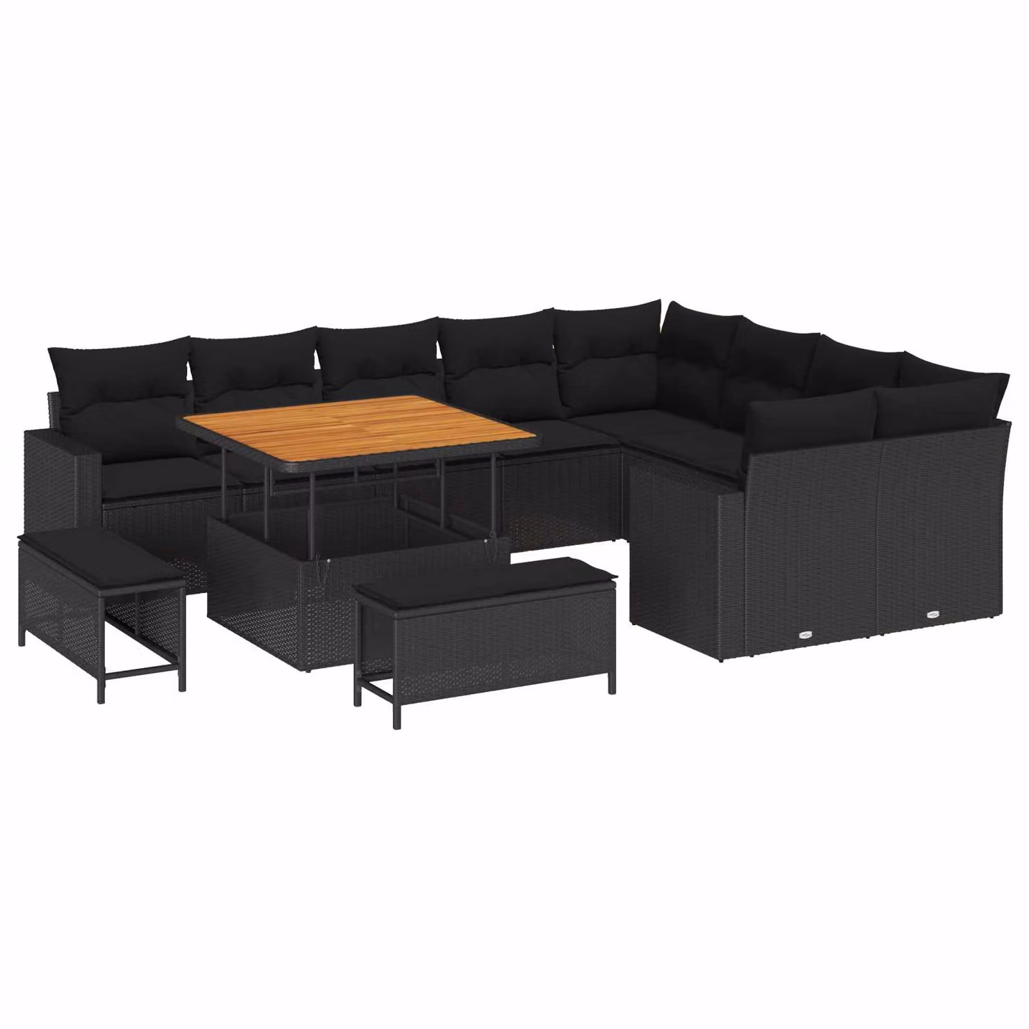 Set Divano da Giardino vidaXL 13 Pezzi in Polyrattan Nero con Cuscini e Tavolino per 12 Persone
