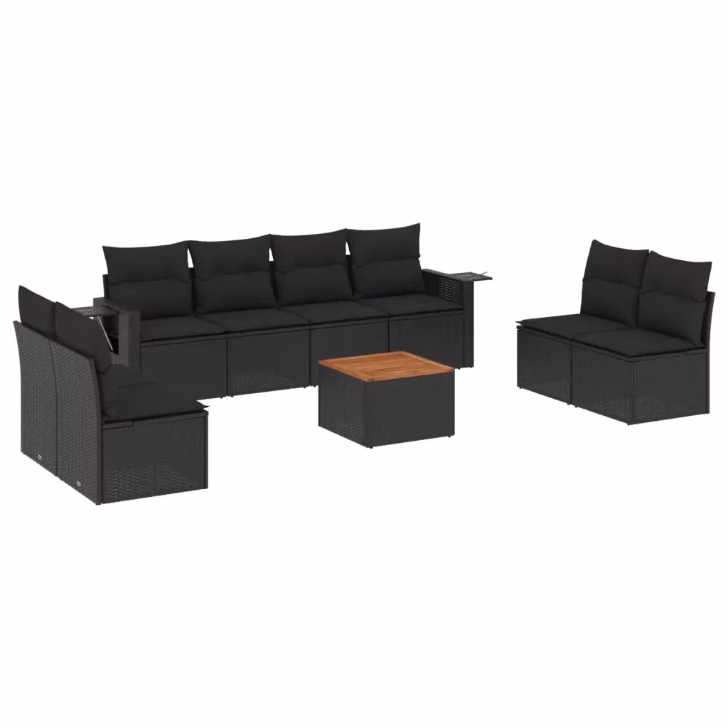 Set di divani da giardino vidaXL in polyrattan nero con cuscini, tavolino e struttura in metallo, forma a U – 2