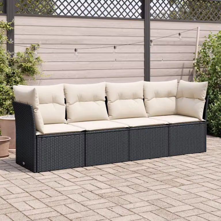 Set di divani da giardino vidaXL a forma di L con cuscini, struttura in metallo e rattan, colore nero e bianco