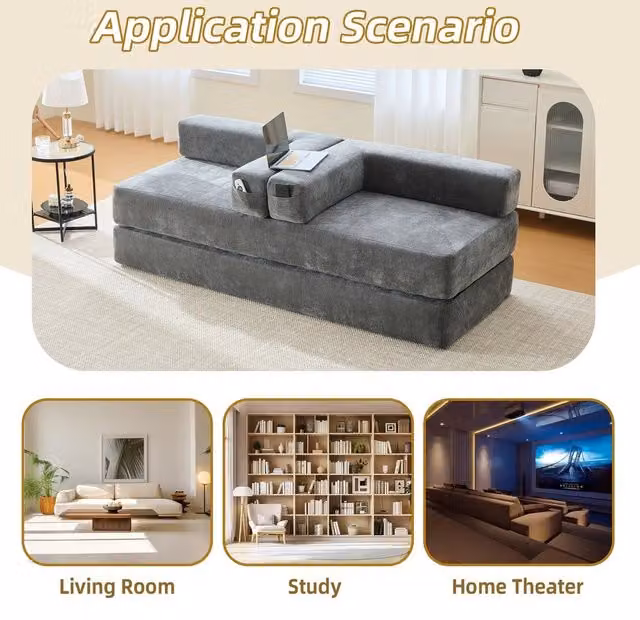 Divano letto moderno Minimal in tessuto chenille grigio con tasche portaoggetti e fondo antiscivolo L/P/H: 198 x 140 x 60 cm – 1