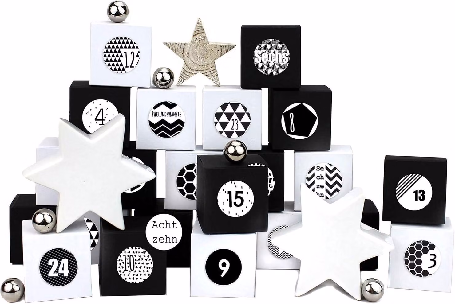 Calendario dell'Avvento 2025 da riempire: 24 scatoline in bianco e nero con adesivi numerati. Scatoline da personalizzare e decorare