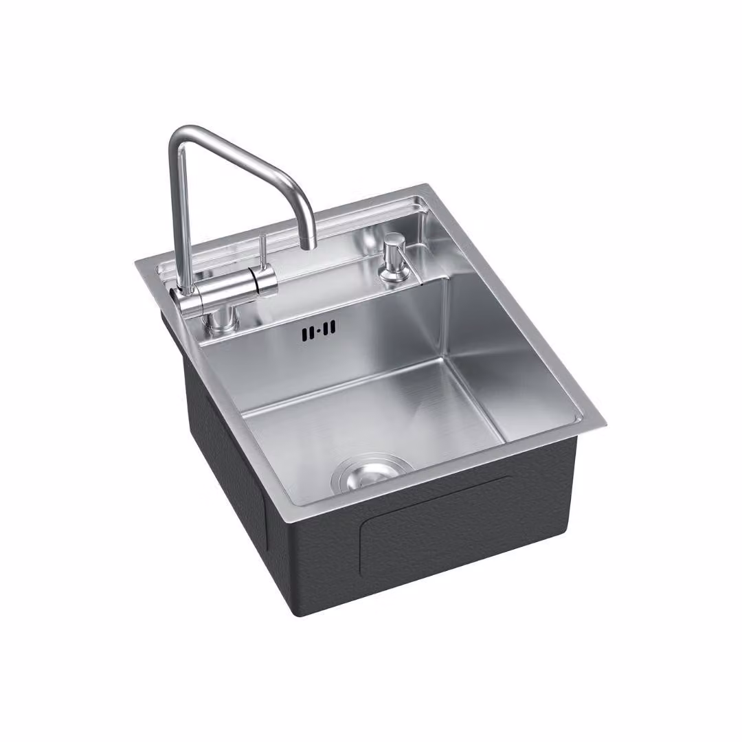 Lavello da cucina VBChome 40x50 cm in acciaio inossidabile con rubinetto ribaltabile; lavello con bordo piatto, comprensivo di dispenser per sapone, sifone e copertura; mobile base a partire da 50 cm