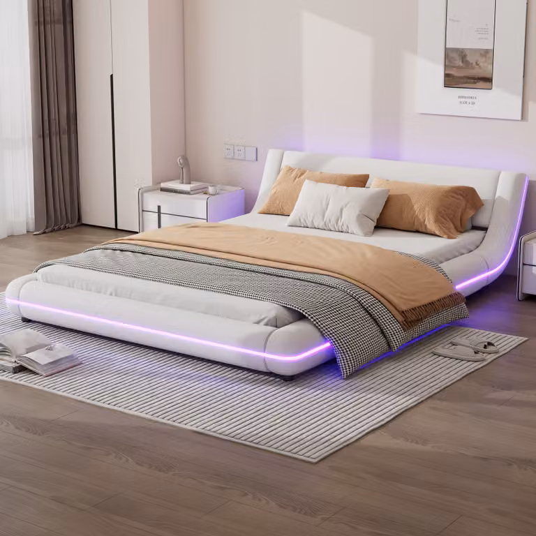 Letto imbottito Abrihome 140x200cm con LED e rete a doghe, letto piatto da pavimento, telecomando a 24 tasti, bianco