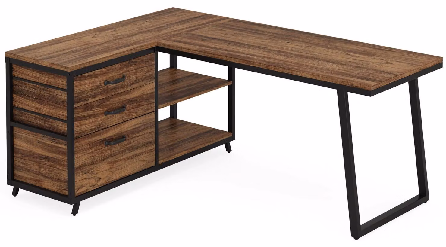Scrivania ad angolo a forma di L, con 3 cassetti e ripiani, in legno color cioccolato, dimensioni 53 pollici