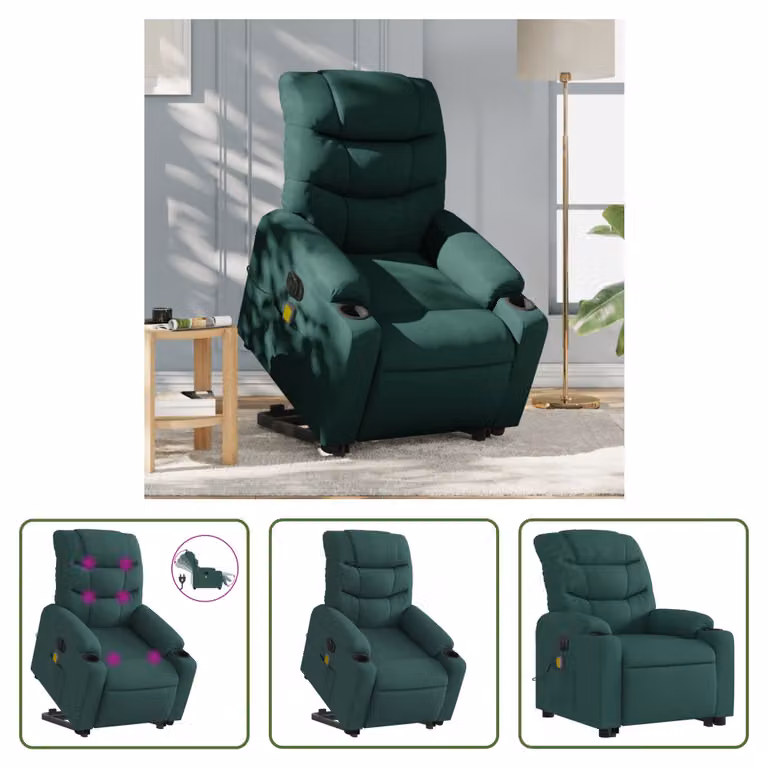 The Living Store Poltrona massaggiante elettrica con ausilio per la posizione eretta Tessuto verde scuro