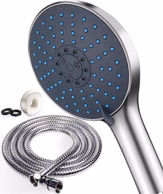 Douchekop - Doccetta con rubinetto in acciaio inossidabile - a risparmio idrico e con amplificatore di pressione - cromata - universale - doccia a 7 modalità