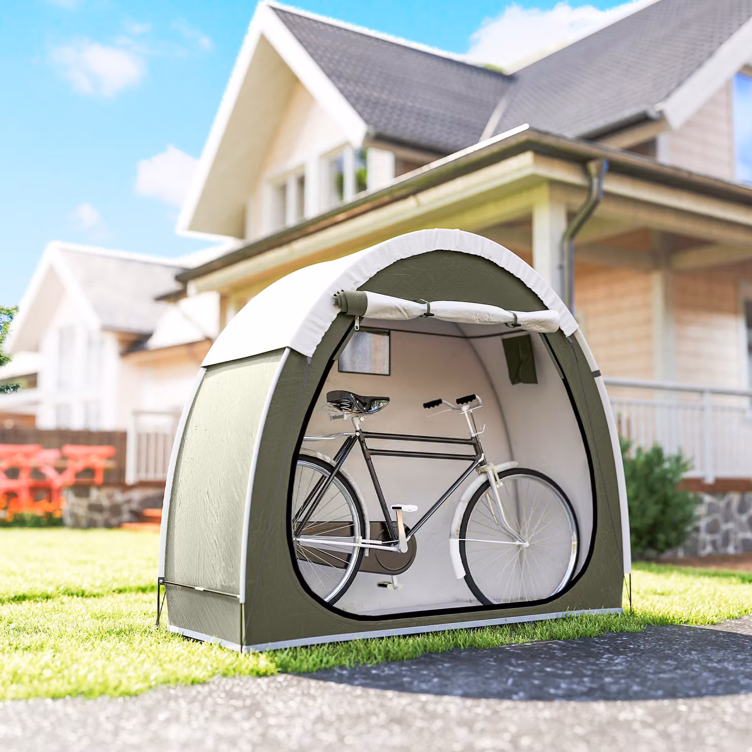 Tenda per 2 biciclette Outsunny, tettoia impermeabile in poliestere 210D con ventilazione e protezione UPF50+, colore verde, L: 200 cm, P: 80 cm, H: 170 cm – 2