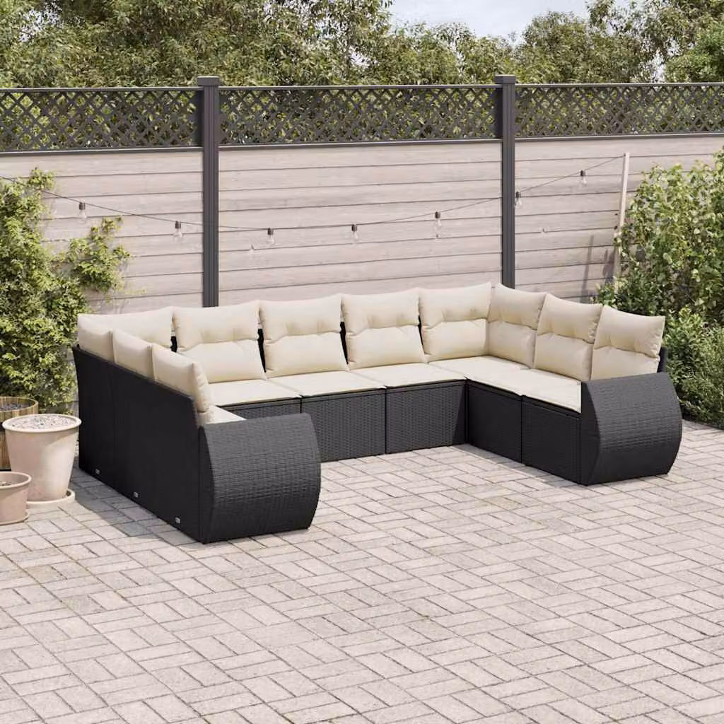 vidaXL Set Divani da Giardino 9 pz a Forma a U in Polyrattan Nero con Cuscini Imbottiti e Rivestimenti Rimovibili – 1