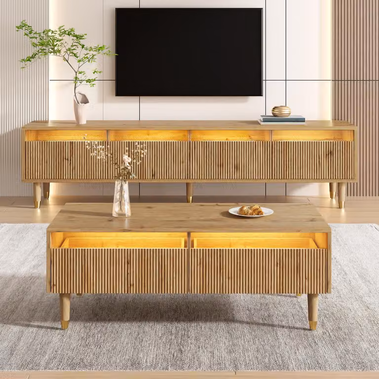 set credenza TV e tavolino in legno okwish, set da soggiorno con due cassetti, panca TV con illuminazione LED, tavolino con struttura a onda e credenza con 4 ante