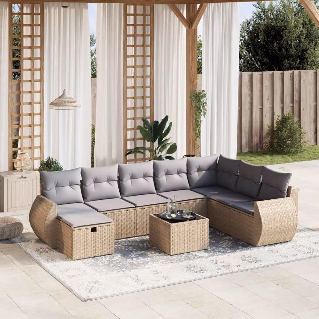 vidaXL Set Divano da Giardino a L 9 pz con Cuscini Beige e Grigio in Polyrattan e Metallo – 1