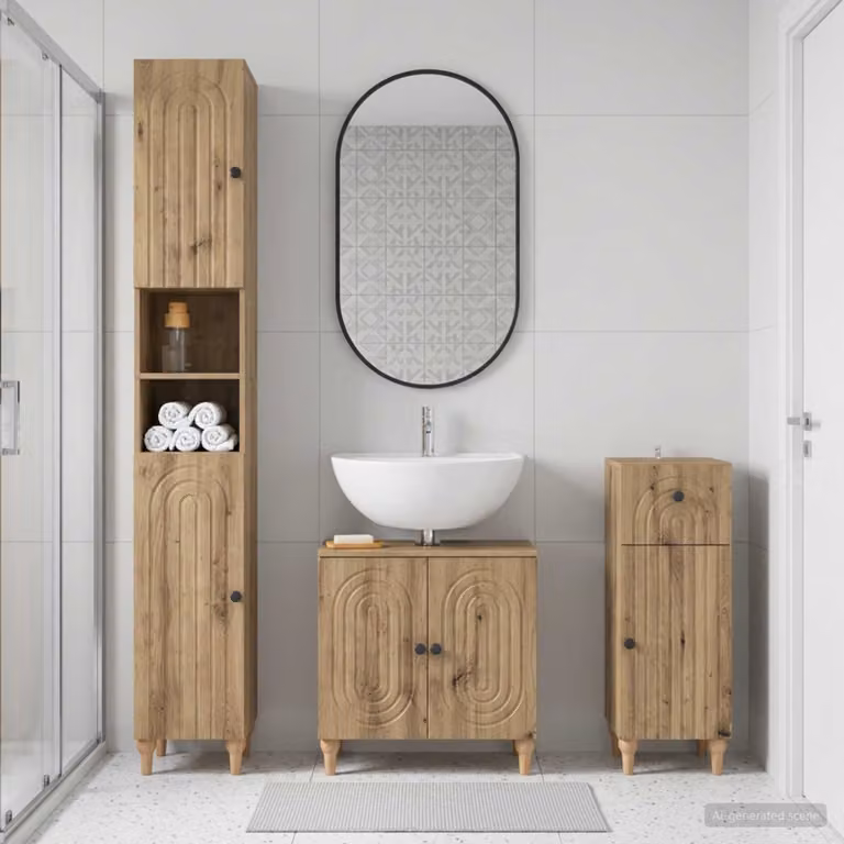 Set di armadietti da bagno moderni vidaXL ALKMAAR in 3 pezzi color marrone con ripiani interni e ante a cerniera, L/P/H: 48,2 x 30,0 x 190,0 cm, 31,0 x 30,0 x 48,2 cm e 30,0 x 31,0 x 48,2 cm