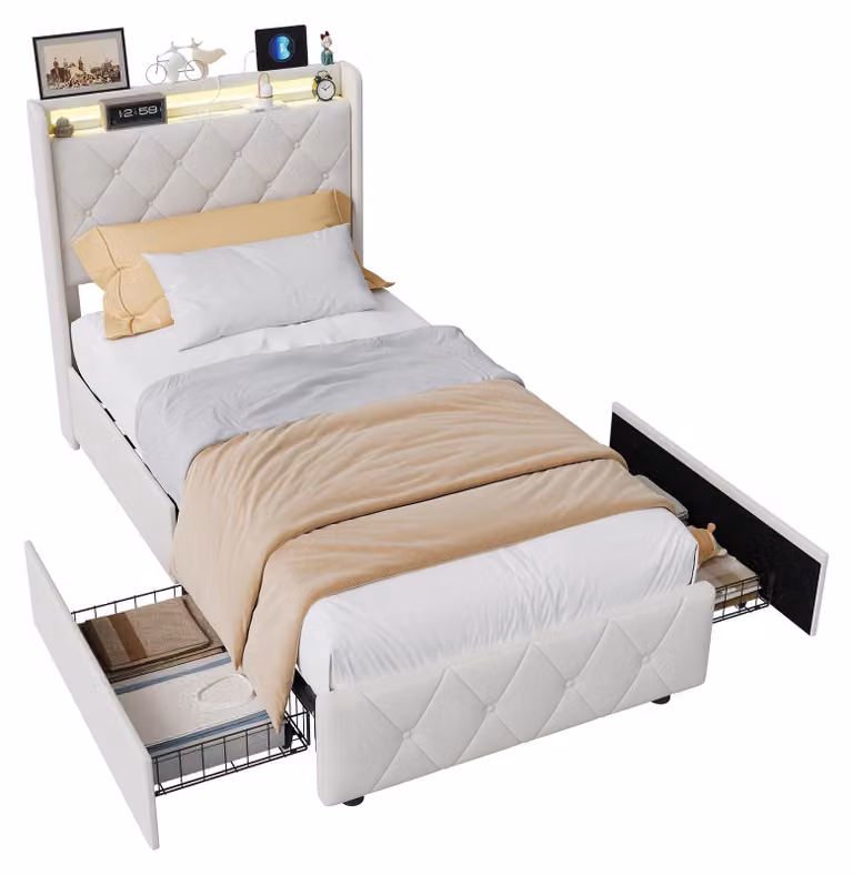 Letto imbottito ProximaX 90x200 cm con luci LED e testiera con vano portaoggetti, stazione di ricarica USB/Type-C, letto singolo con rete a doghe e 2 cassetti, letto con vano portaoggetti in velluto, beige