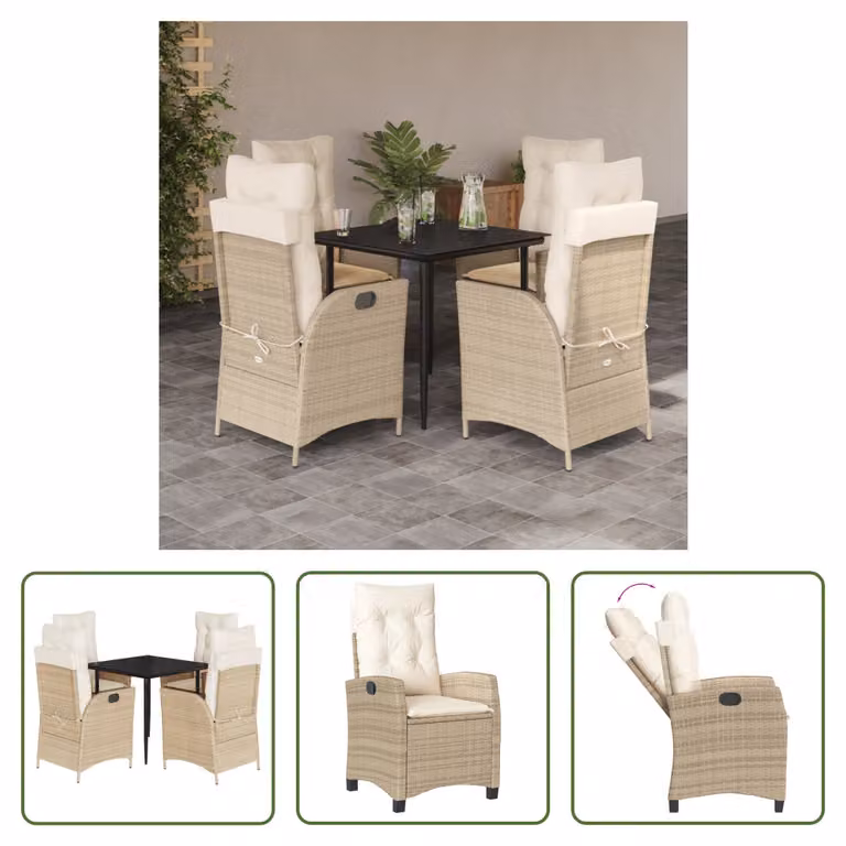 The Living Store Set da pranzo da giardino 5 pezzi con cuscini Beige poly rattan