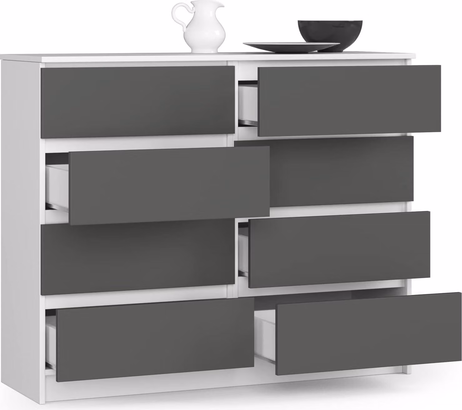BDW, cassettiera con 8 cassetti, 120x99x40 cm, molto spazio, bianco - grigio