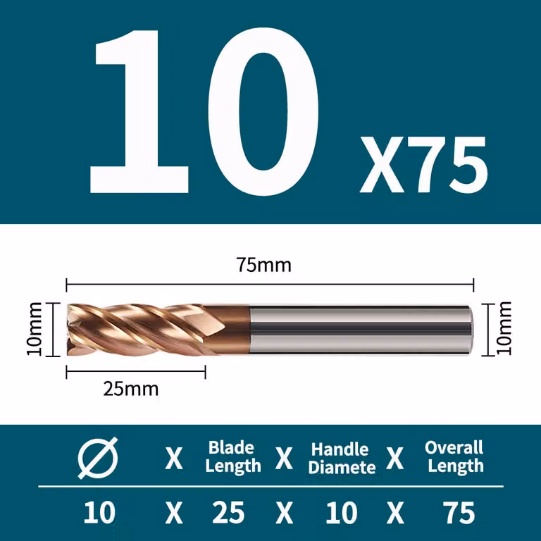 Fresino VHM, 10x75 mm, durezza HRC 55, rivestimento TiSiN, 4 taglienti, per metalli