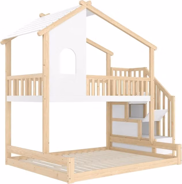 Letto a castello in legno massiccio 90x200cm + 140x200cm con scaletta contenitore, protezione e design casetta naturale-bianco