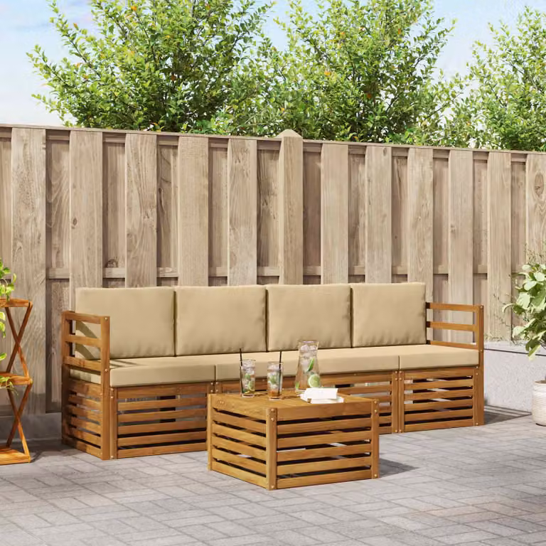 Set di divani da esterno vidaXL 5 pezzi in legno di acacia con tavolino e cuscini, colore beige e sabbia
